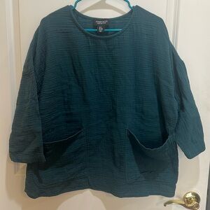 Jones & Co teal gauze lagenlook oversized top pockets elbow sleeves 1X